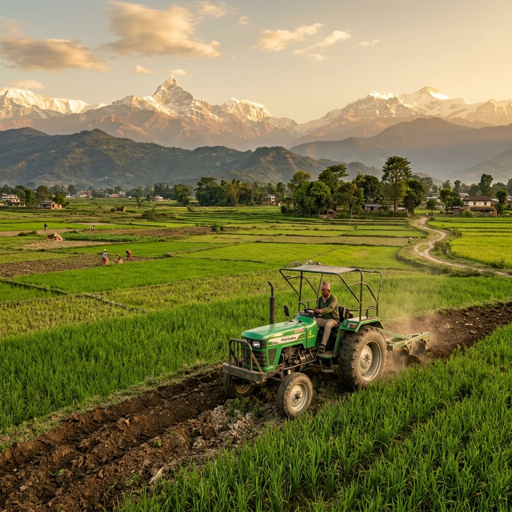 Tractor in green farmland