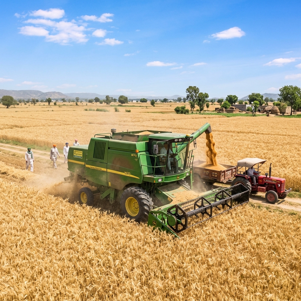 Combine harvester harvesting wheat